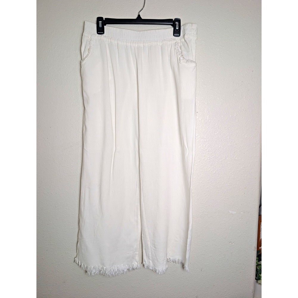 The Salty Babe Womens L White Linen Blend Wide Leg Pants Frayed Hem Coastal Boho